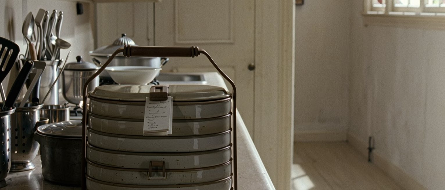 a kitchen counter with a stacked tiffin carrier clipped shut and a folded note tucked under its clip, the cooking things washed and racked behind