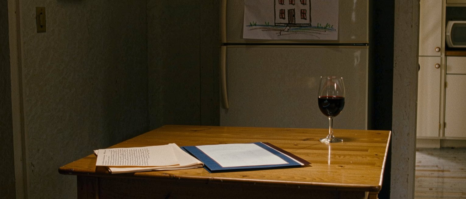 a kitchen table seen close with two folders from two law firms, a handwritten list folded small and a glass of wine, a crayon drawing of a house pinned to the fridge close behind