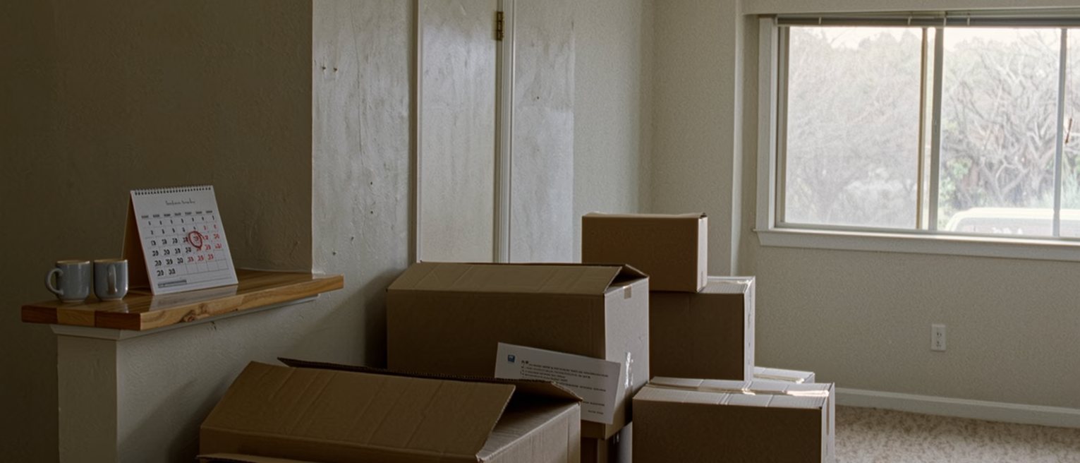 a sublet living room seen close with cardboard boxes half unpacked, a folded letter on the kitchen counter, two mugs and a custody calendar with alternate weeks circled, the window soft behind