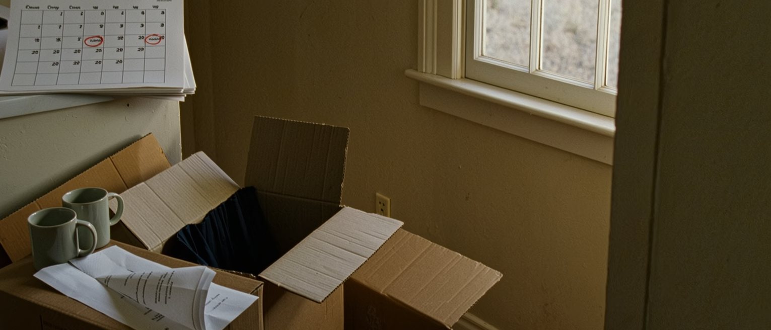 a sublet living room seen close with cardboard boxes half unpacked, a folded letter on the kitchen counter, two mugs and a custody calendar with alternate weeks circled, the window soft behind