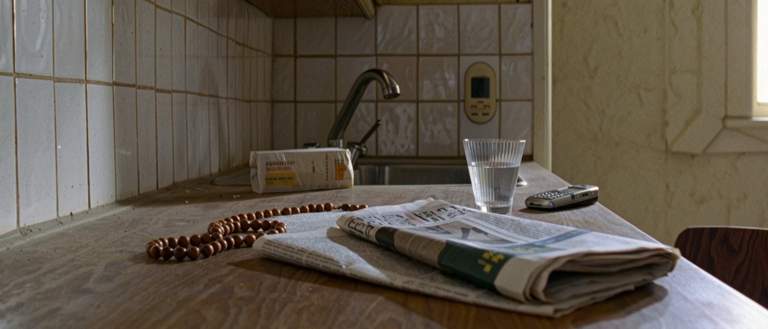 a kitchen table seen close with a rosary coiled beside a folded newspaper, a glass of water, a pharmacy bag and a mobile phone face down, the tiled wall soft behind