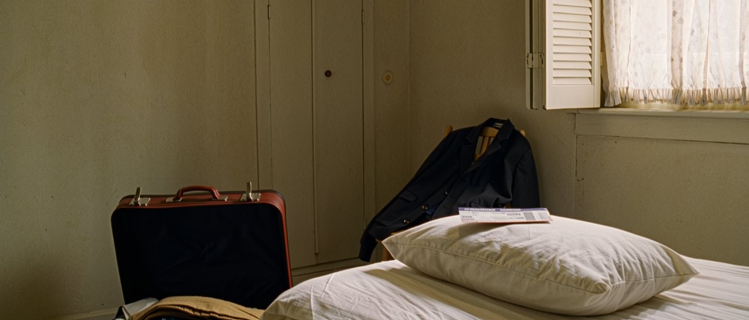 a bedroom seen close with a small suitcase half packed, a bus ticket on the pillow and a jacket over the chair, the shutters half open behind
