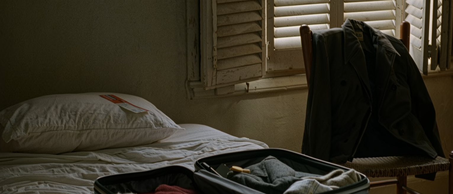 a bedroom seen close with a small suitcase half packed, a bus ticket on the pillow and a jacket over the chair, the shutters half open behind