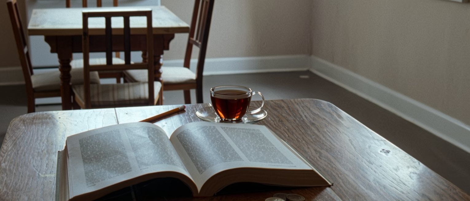 a kitchen table seen close with three coins laid in a row beside a paperback open face down, a pencil and a cup of tea, the chairs pushed in and the stove soft behind