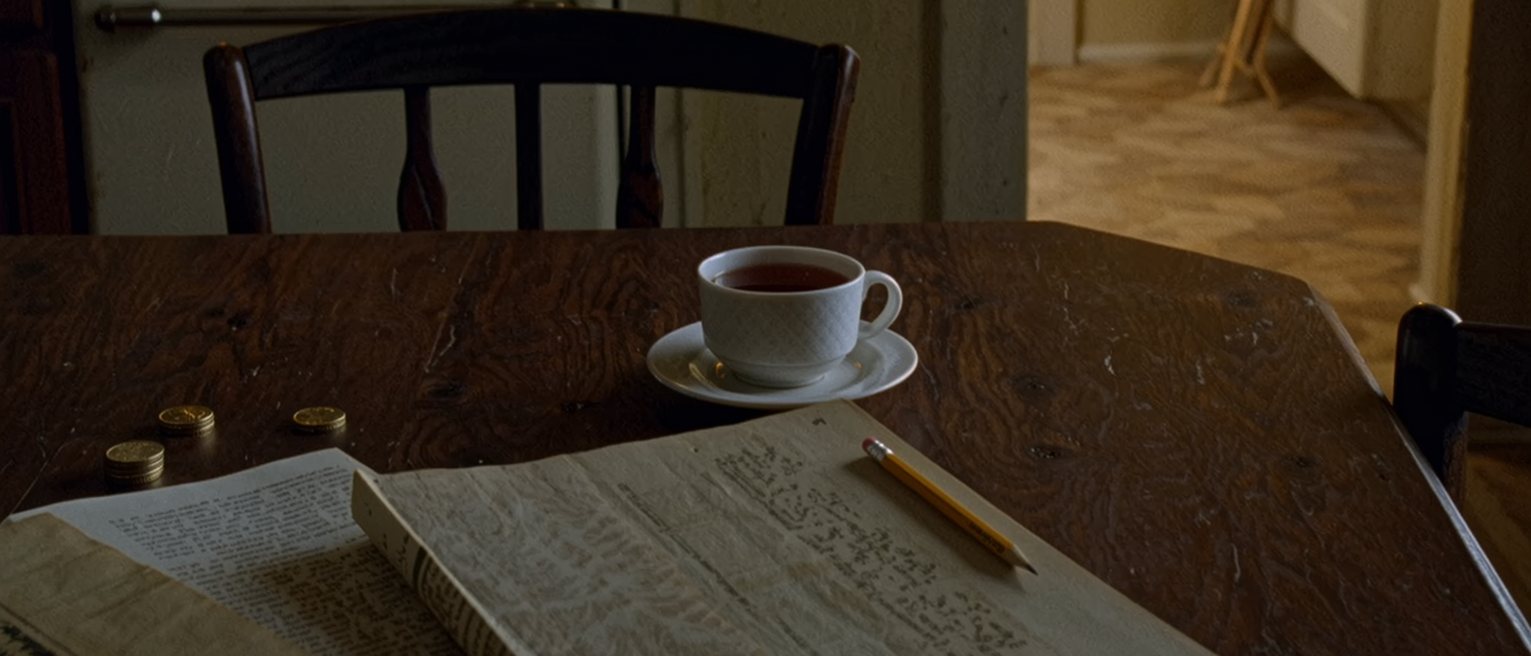 a kitchen table seen close with three coins laid in a row beside a paperback open face down, a pencil and a cup of tea, the chairs pushed in and the stove soft behind