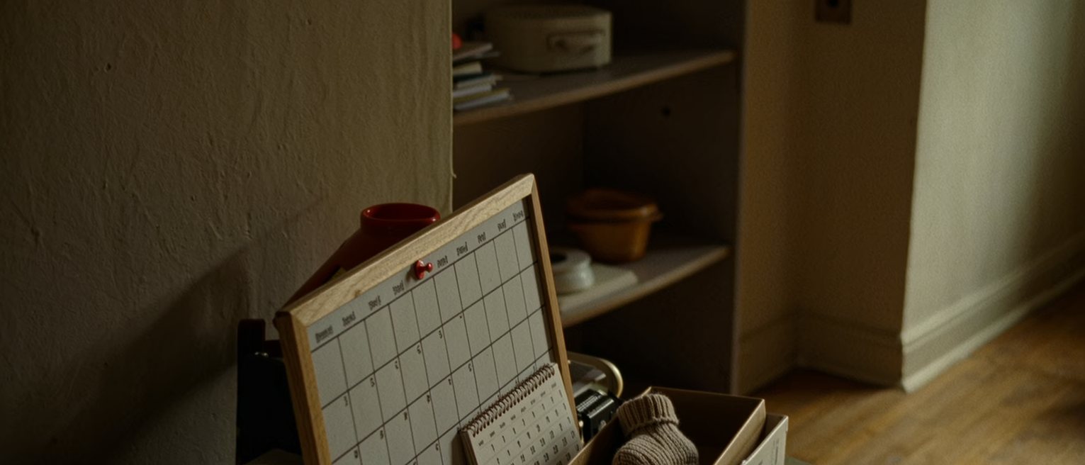 a desk seen close with a wall planner pinned with nothing written in the far months, a calendar of appointments beside it and a small knitted bootee in a box, the shelves soft behind