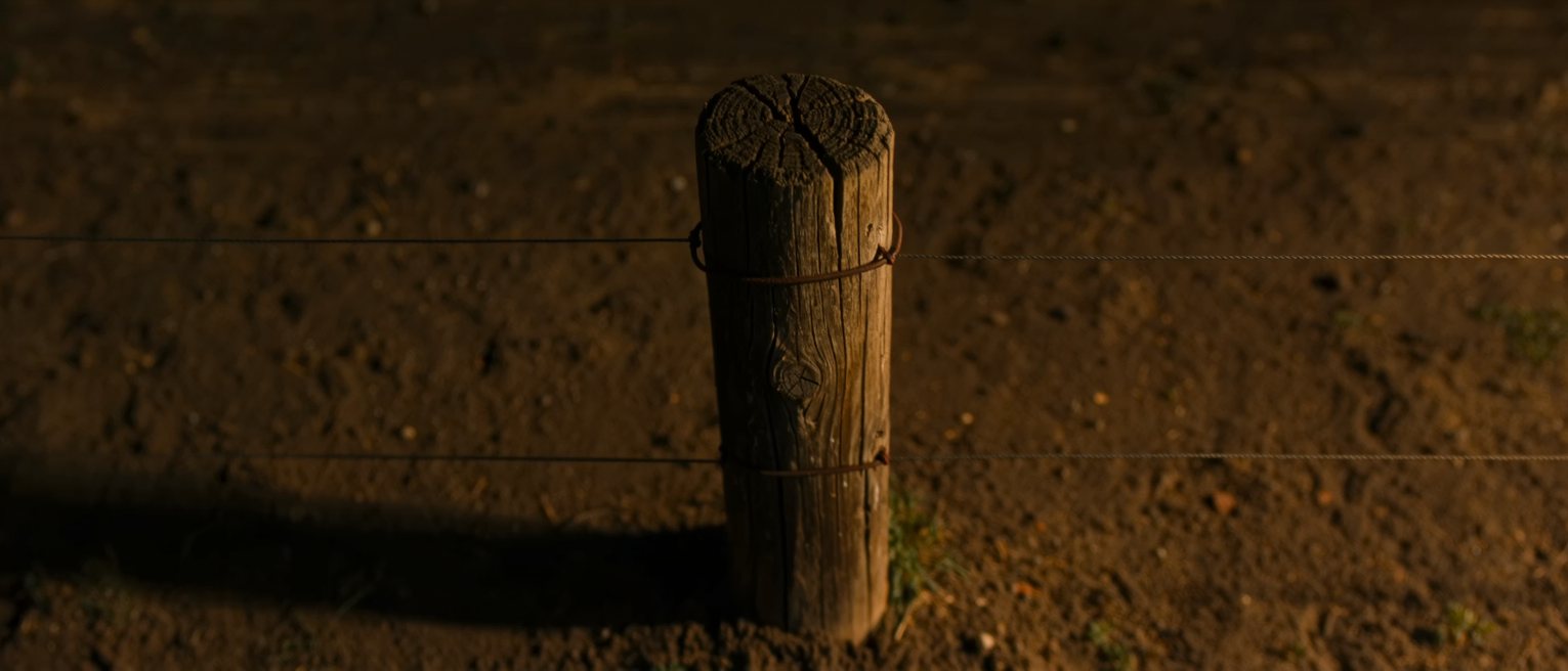 a single wooden fence post driven into the ground with one wire strained to it