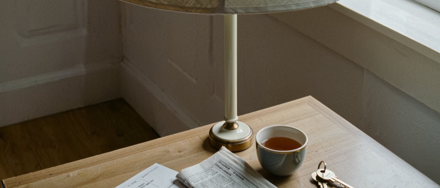a kitchen table seen close with a printed bill from the ballot annotated in pencil, a folded newspaper with the vote count, a cup of tea and a set of keys, the lamp close behind