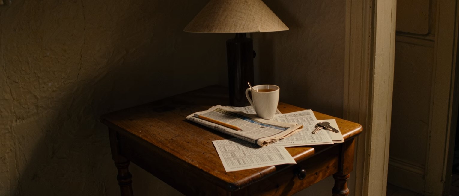 a kitchen table seen close with a printed bill from the ballot annotated in pencil, a folded newspaper with the vote count, a cup of tea and a set of keys, the lamp close behind