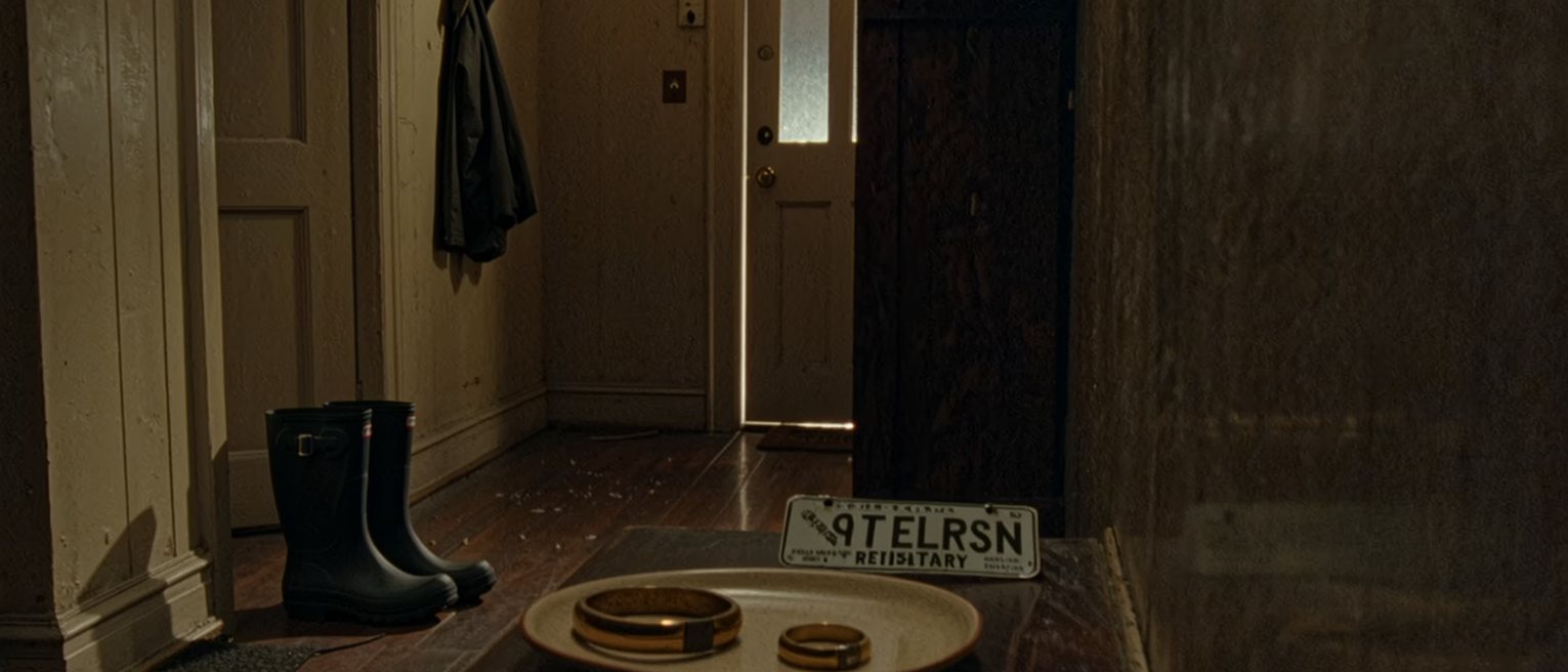 a hall seen close with two plain rings in a dish on the console beside a licence stamped by the registry, a pair of gumboots on the mat and a raincoat on the hook, the door with its glass close behind