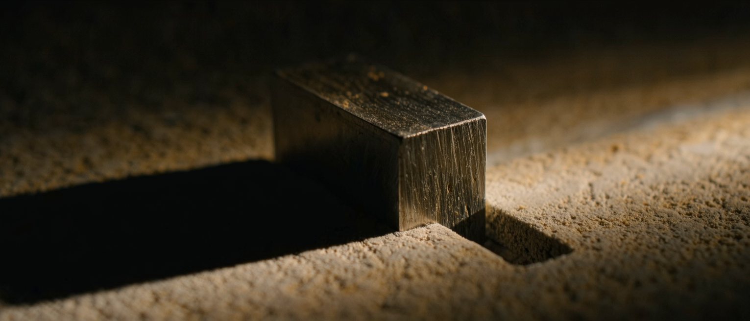 a machined steel gauge block seated exactly inside a cut slot, no daylight at either end