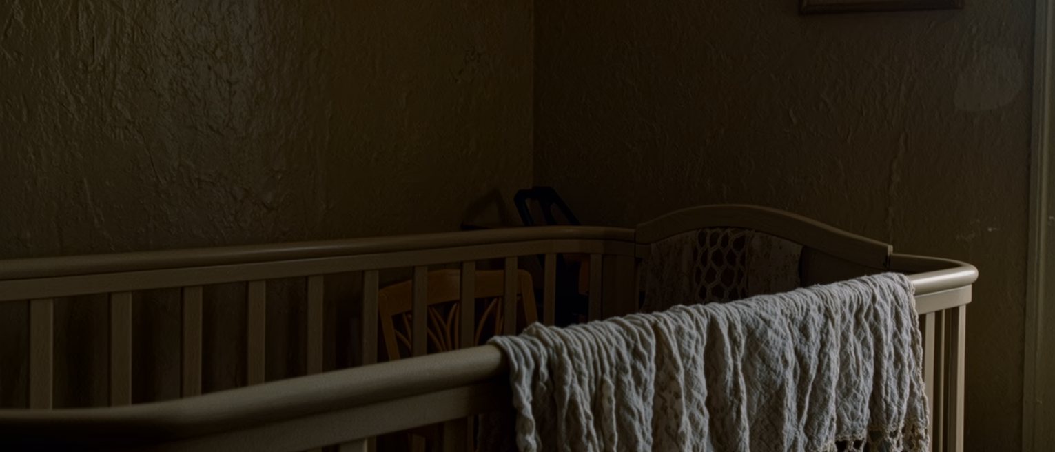 a nursery corner seen close with a cot rail and a folded muslin hung over it, a small chair pushed against the wall behind