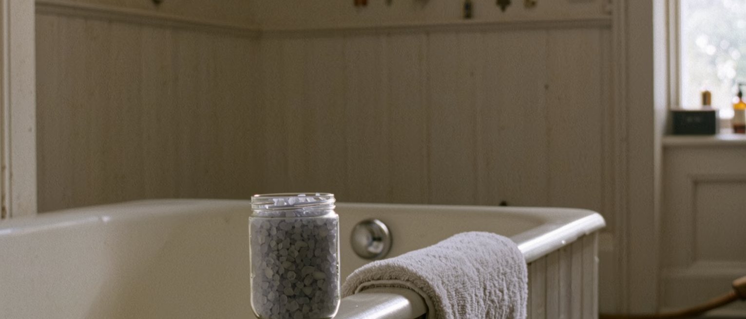 a bathroom seen close with the bath run and still, a towel folded over the rail and a jar of salts standing open on the ledge