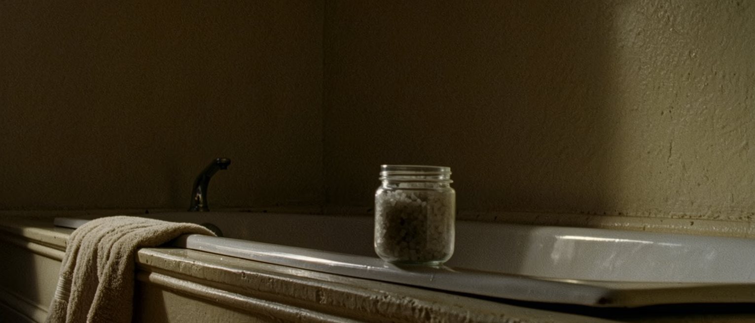 a bathroom seen close with the bath run and still, a towel folded over the rail and a jar of salts standing open on the ledge