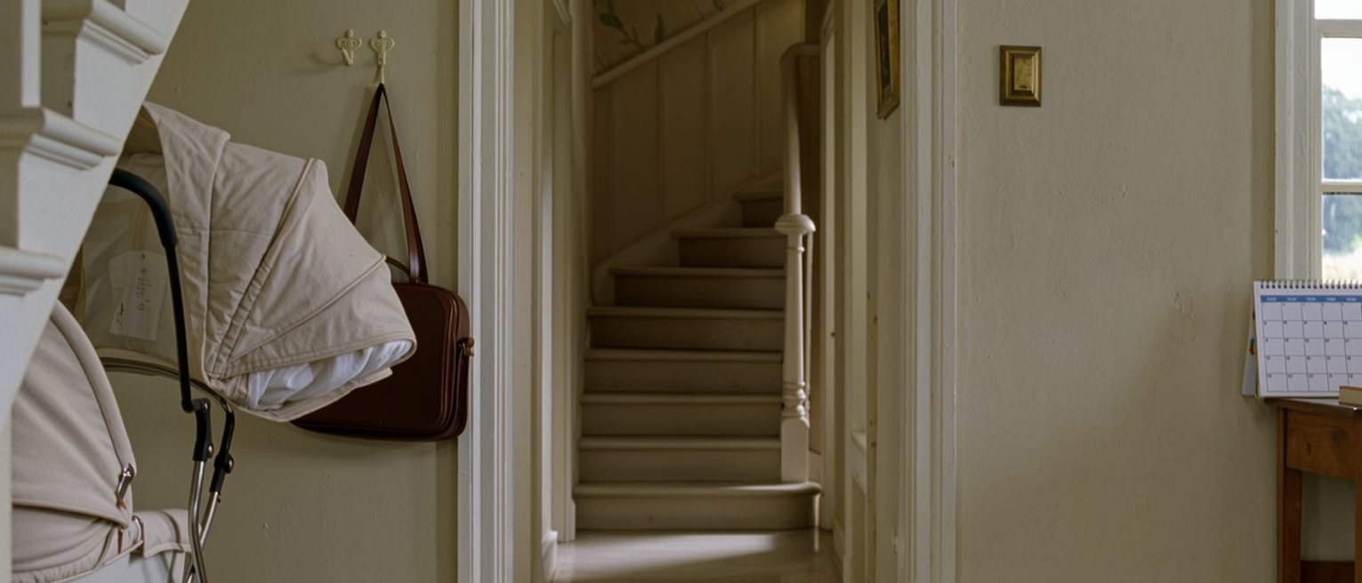 a hall seen close with a pram folded against the wall, a work satchel on the hook beside a baby carrier, a calendar with four weeks blocked in blue on the console, the stairs soft behind