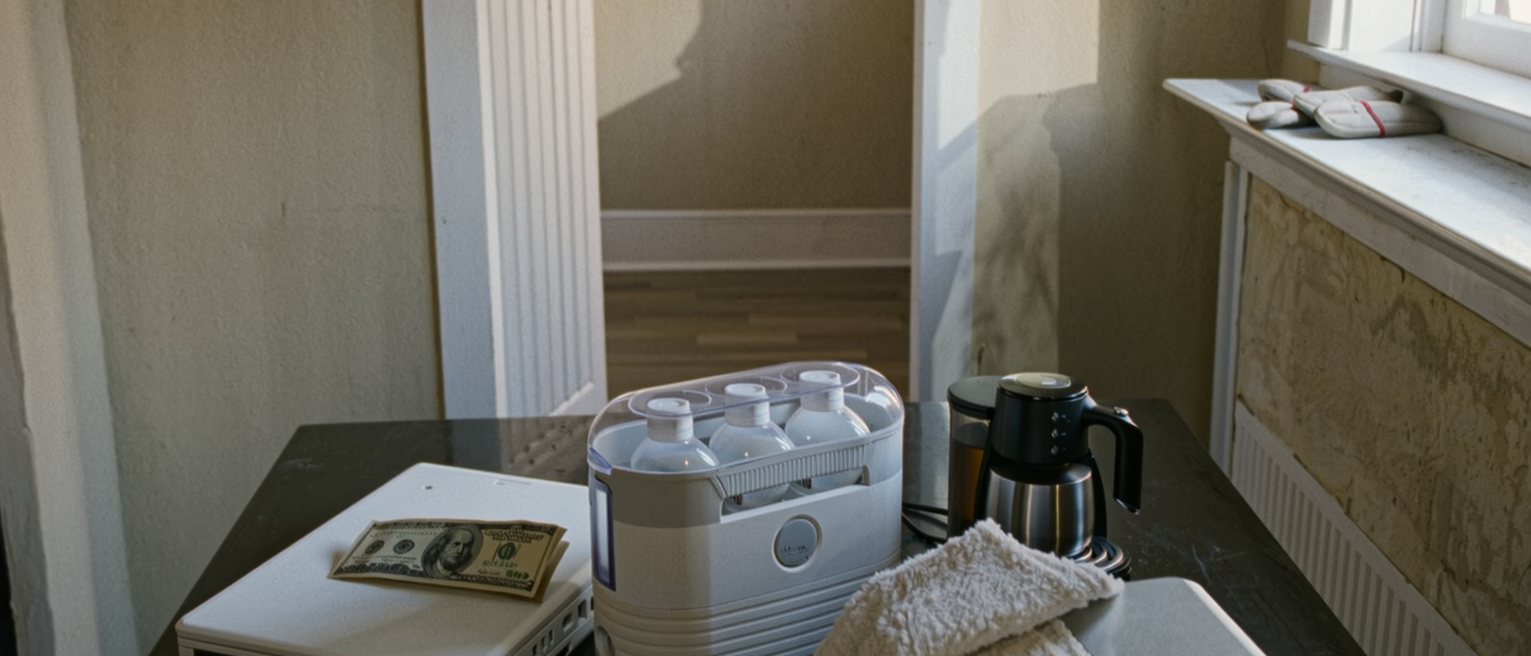 a kitchen seen close with a bottle steriliser beside the coffee machine, a laptop shut under a tea towel, a payslip folded and a pair of small mittens on the sill, the window with snow on the glass soft behind