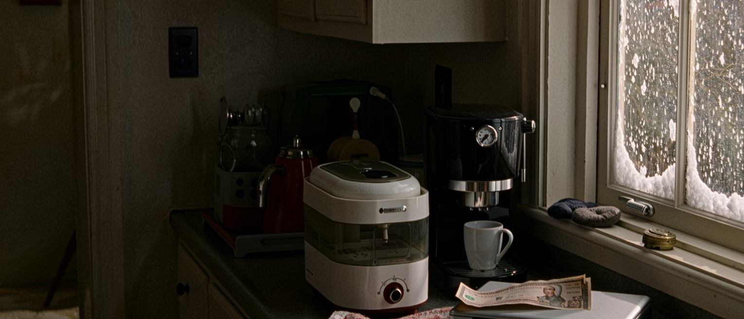 a kitchen seen close with a bottle steriliser beside the coffee machine, a laptop shut under a tea towel, a payslip folded and a pair of small mittens on the sill, the window with snow on the glass soft behind