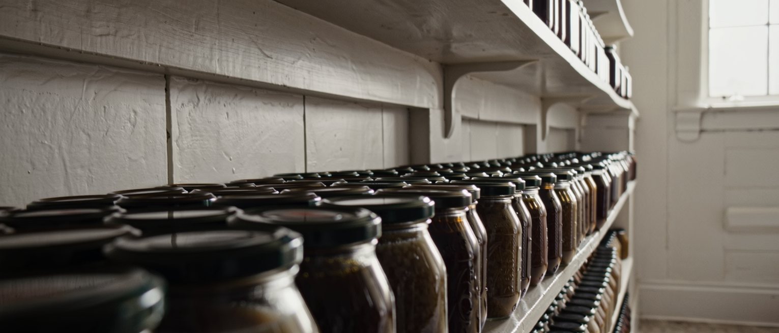 a pantry shelf stacked with identical jars in identical rows, every jar still full and not one of them opened