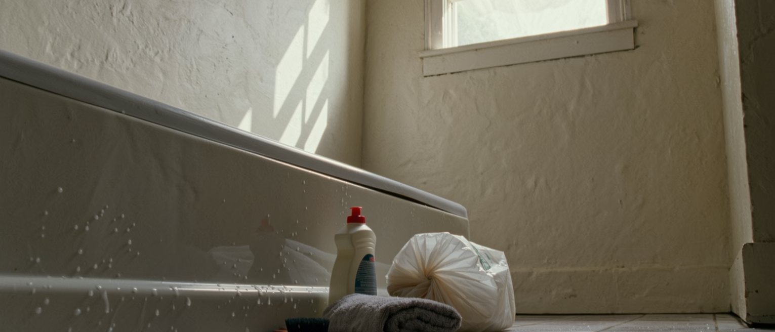 a bathroom seen close with the tub scrubbed and the tiles wet, a bottle of bleach and a brush on the floor, a folded towel and a plastic bag rolled tight, the small window soft behind