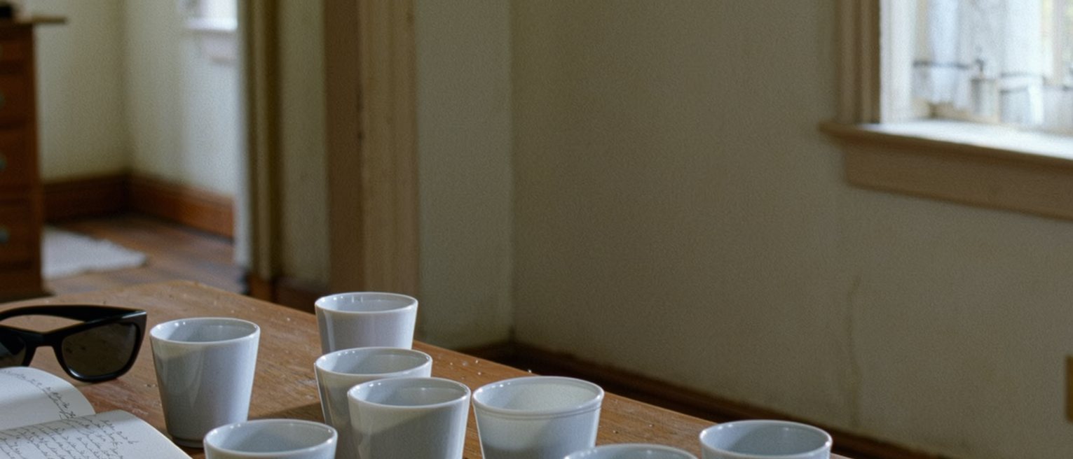 a kitchen table seen close with ten cups washed and set out to dry, a notebook open with other voices transcribed, a pair of sunglasses and a set of keys, the window onto the white city soft behind