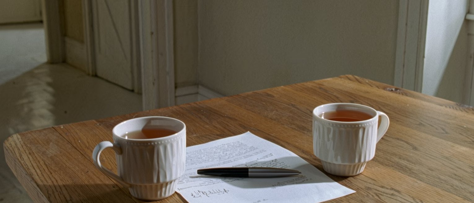 a kitchen table with a folded written agreement lying between two cups, a pen laid on top of it, the tea poured for both