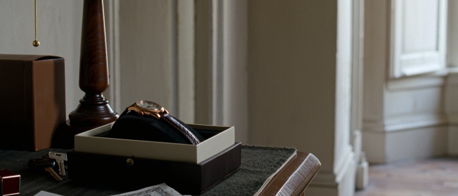 a dressing table seen close with a new wristwatch still in its box, a bank passbook open and a receipt folded beside it, a lipstick and a set of keys, the lamp close behind