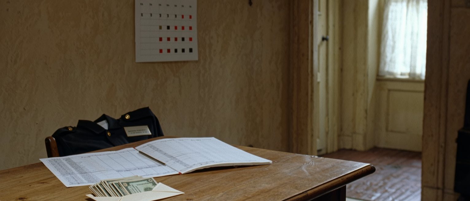 a kitchen table seen close with a household ledger open at columns in two inks, an envelope of banknotes and a bank uniform folded on the chair, the calendar for 1994 on the wall close behind