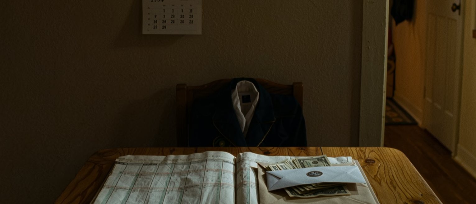 a kitchen table seen close with a household ledger open at columns in two inks, an envelope of banknotes and a bank uniform folded on the chair, the calendar for 1994 on the wall close behind