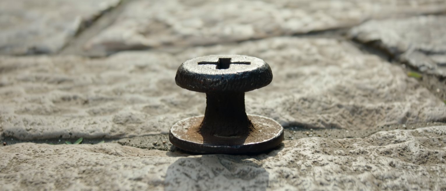 a cast-iron survey marker set flush into a pavement, a cross cut deep into its top