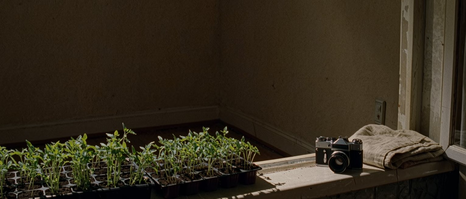a small flat with a row of seedlings in pots on the windowsill, a film camera on the table beside a folded cloth, everything in its place