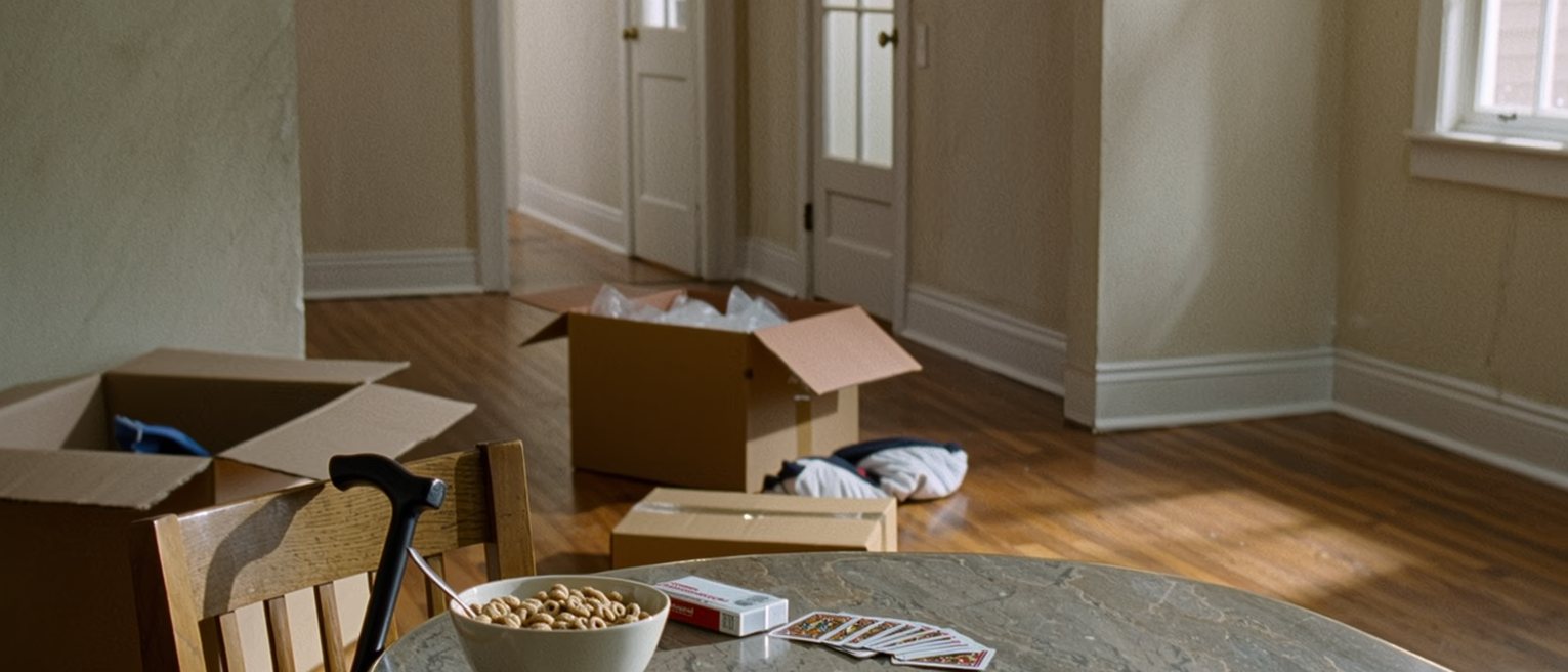 a kitchen table seen close with a bowl of cereal for one, a walking cane leaning on the chair and a pack of cards spread mid-game, the boxes of a house being emptied soft behind