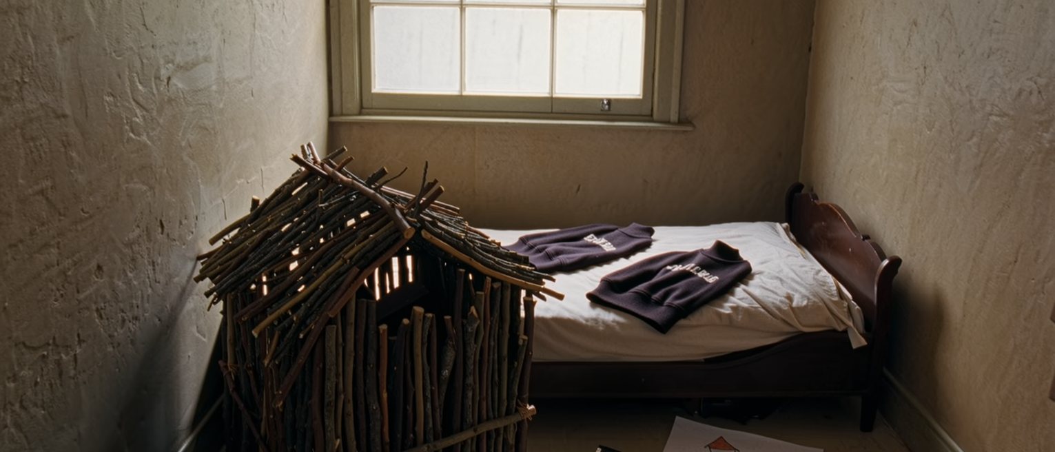 a bedroom seen close with a hut of branches built in the corner, two matching jumpers on the bed and a torch beside a drawing of a house, the window close behind