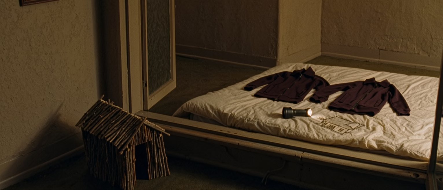 a bedroom seen close with a hut of branches built in the corner, two matching jumpers on the bed and a torch beside a drawing of a house, the window close behind