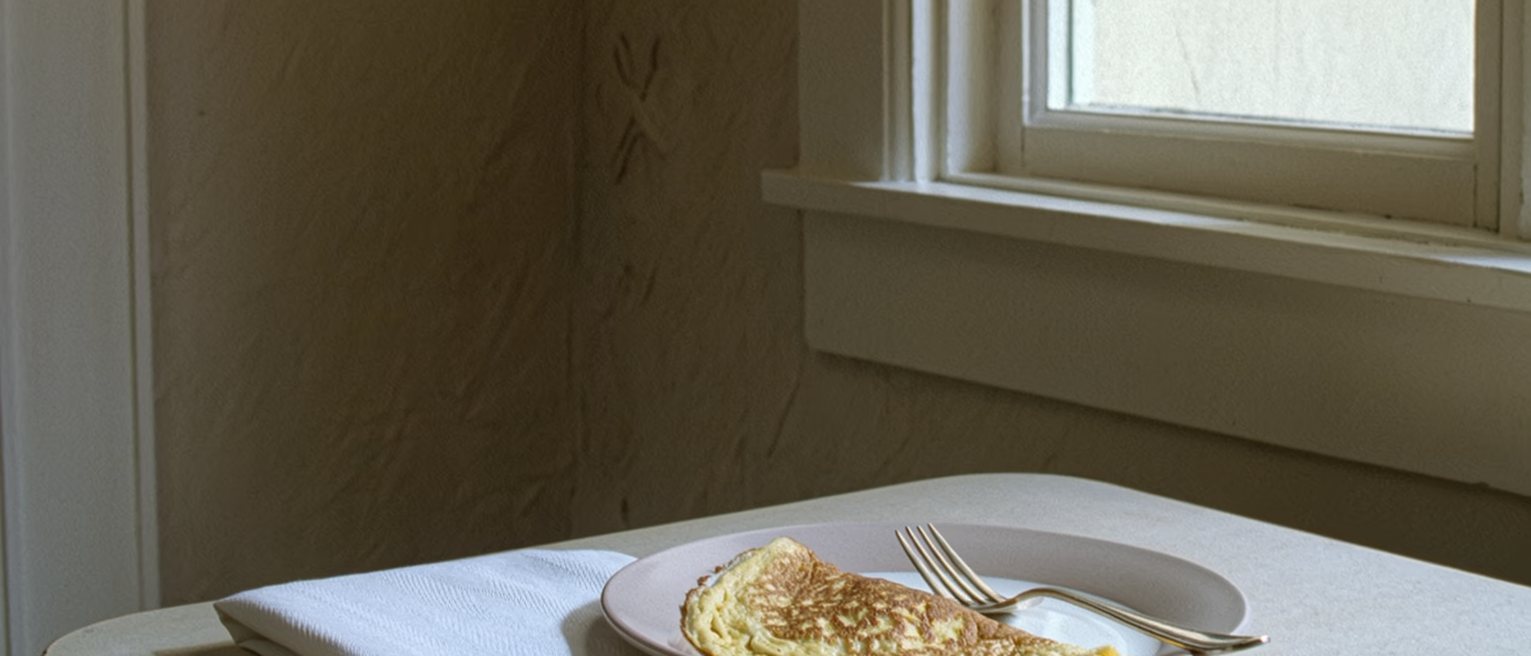 a breakfast table laid with exact precision, one place set with a folded napkin, an omelette on a plate and the fork laid at an angle that was chosen