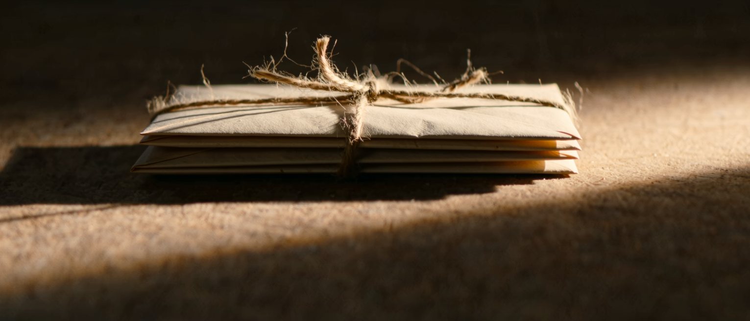 a stack of airmail envelopes bound with string, the edges softened by handling