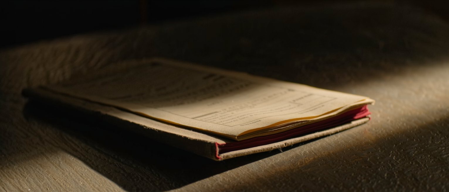 an accounts ledger closed on a desk, the page edges dyed red and the cover worn