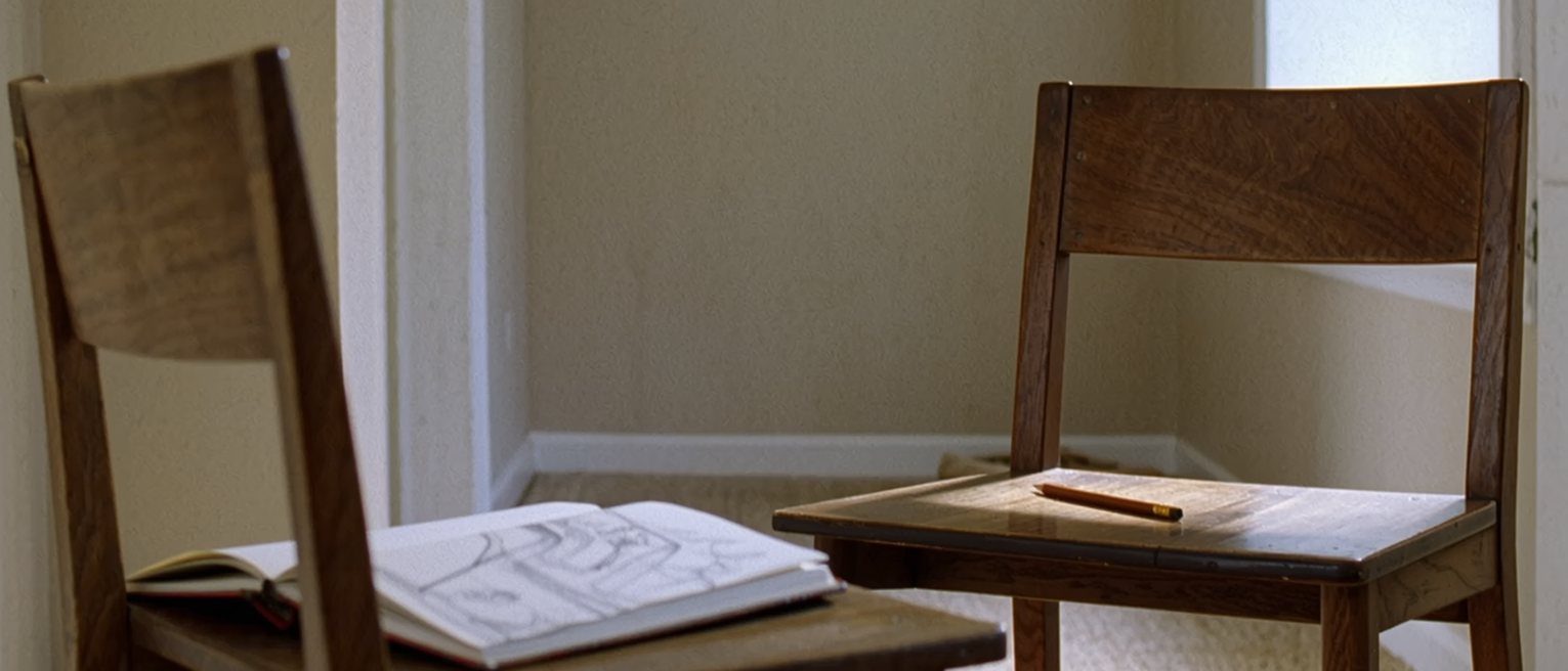 two plain wooden chairs set facing each other at a close measured distance, a sketchbook open on one of them and a pencil on the other