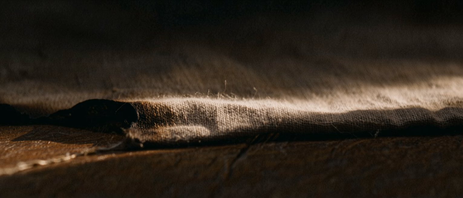 a charred hem of linen, the scorch line clean and the weave still holding