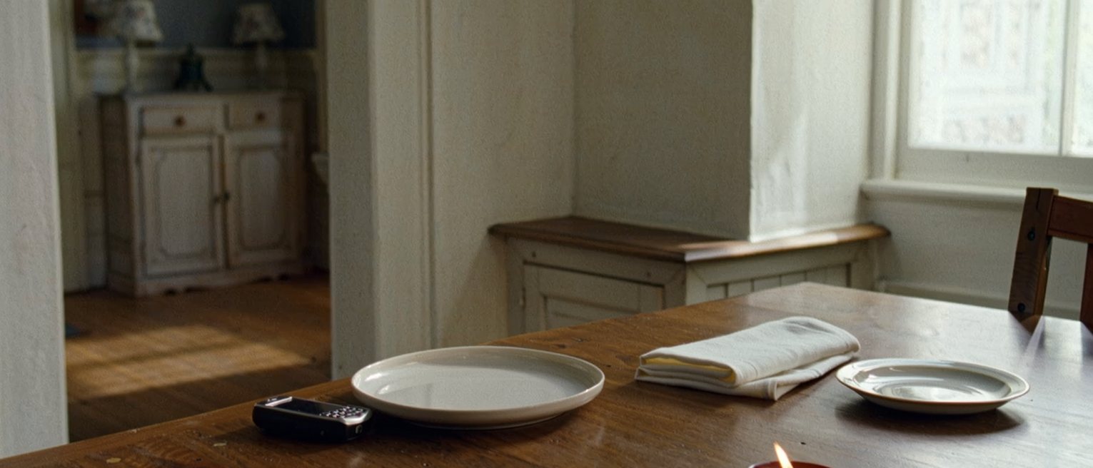 a dining table seen close after a supper for two, both plates finished and pushed together, a phone face up beside one and a napkin folded twice beside the other, a candle burned low between them and the sideboard soft behind