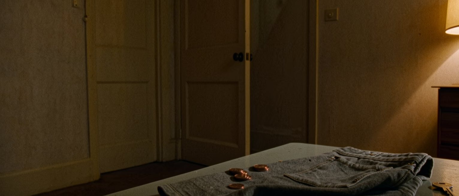 a table seen close with a coat pocket turned out on it, a few coins, a folded receipt and a single key laid in a line beside them