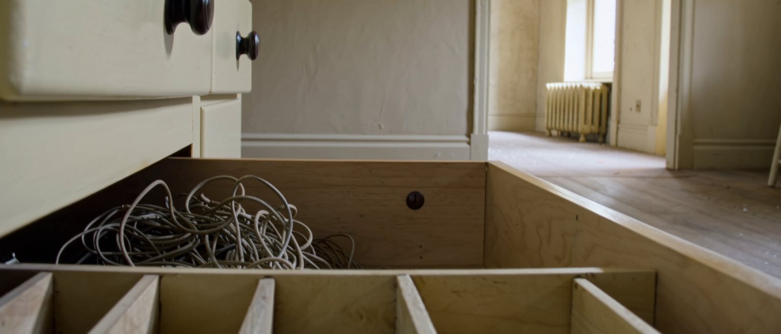 a kitchen drawer pulled open and seen close, one compartment tangled with old keys and cord and the others squared and empty