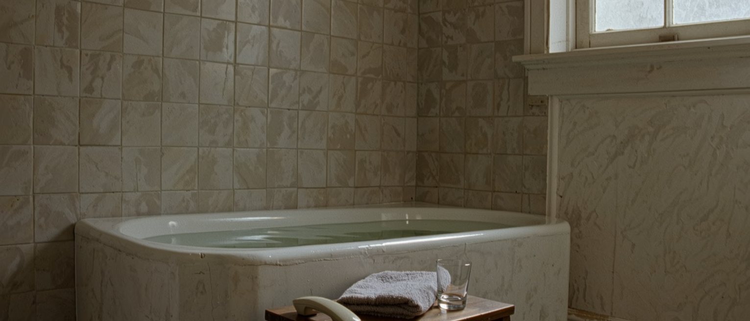 a bathroom seen close with a small flat handset left face down on a wooden stool beside a folded towel and a glass, the bath drawn and still behind, the tiled wall soft beyond