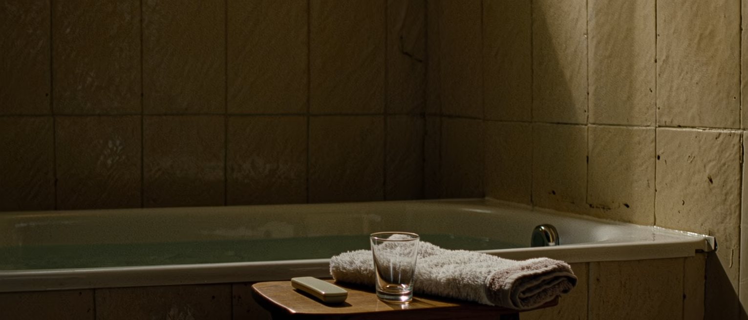 a bathroom seen close with a small flat handset left face down on a wooden stool beside a folded towel and a glass, the bath drawn and still behind, the tiled wall soft beyond