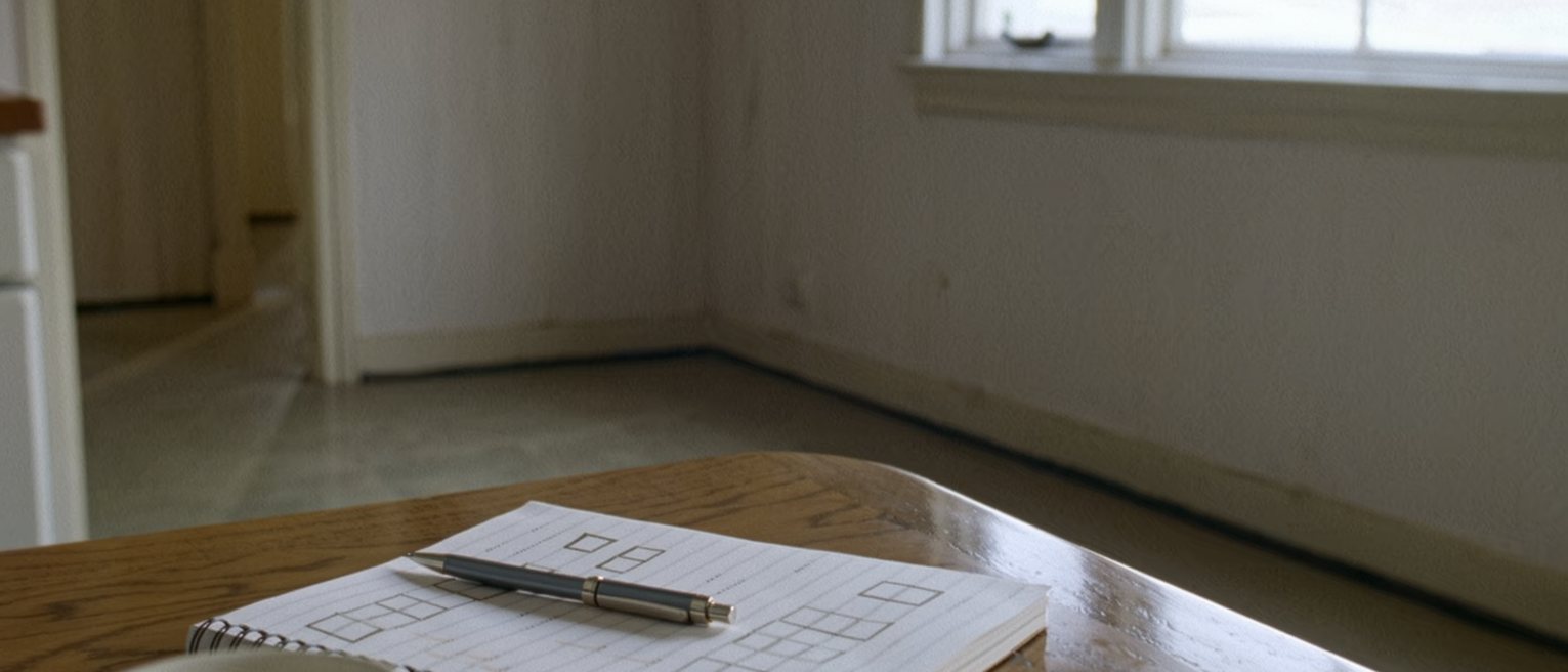 a kitchen table seen close with a lined notebook where a column of small boxes has been ticked in pencil, a pen laid across it, a cup, a handset face down at the edge, the window soft beyond