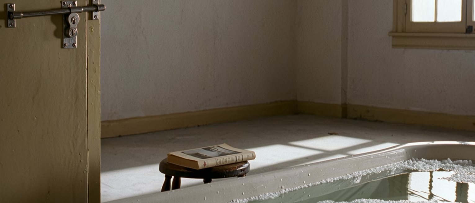 a bathroom with a bath run and salts dissolved in it, a book on the stool, and the door's bolt drawn across