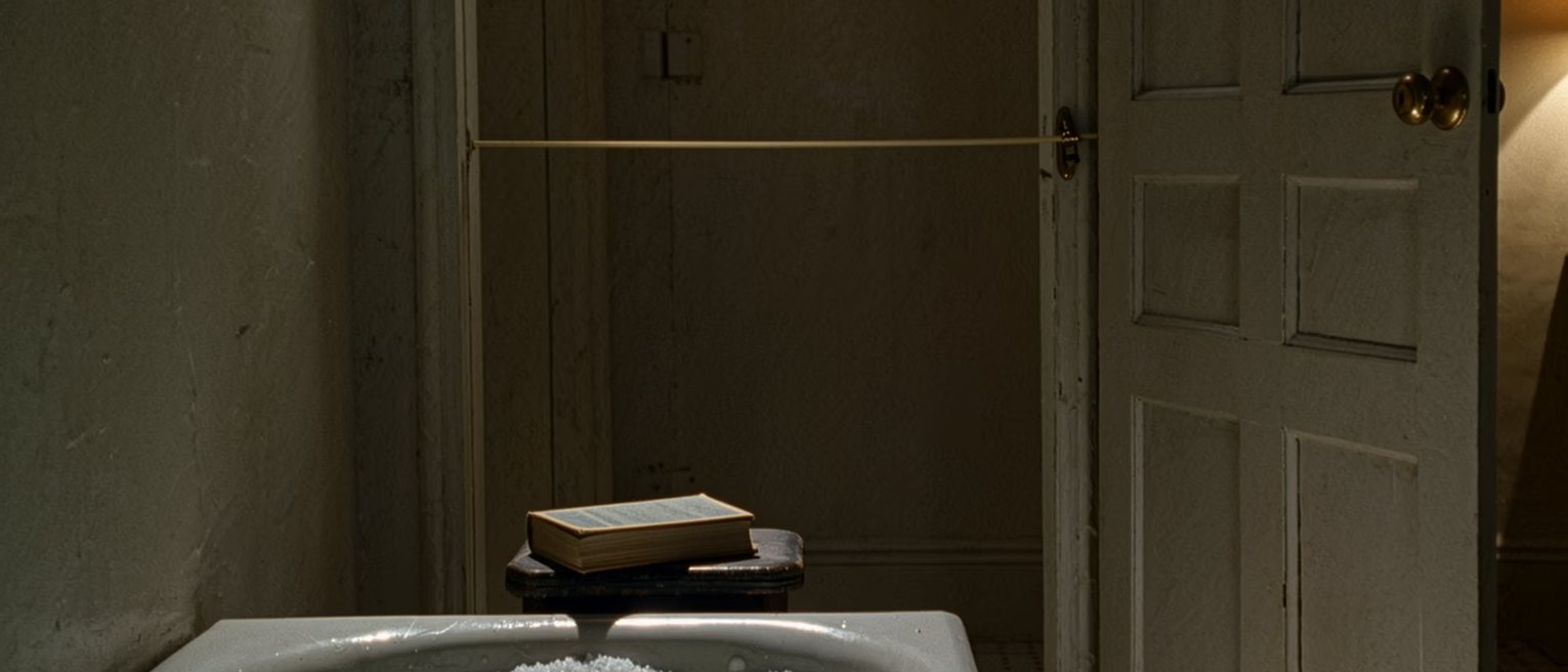 a bathroom with a bath run and salts dissolved in it, a book on the stool, and the door's bolt drawn across