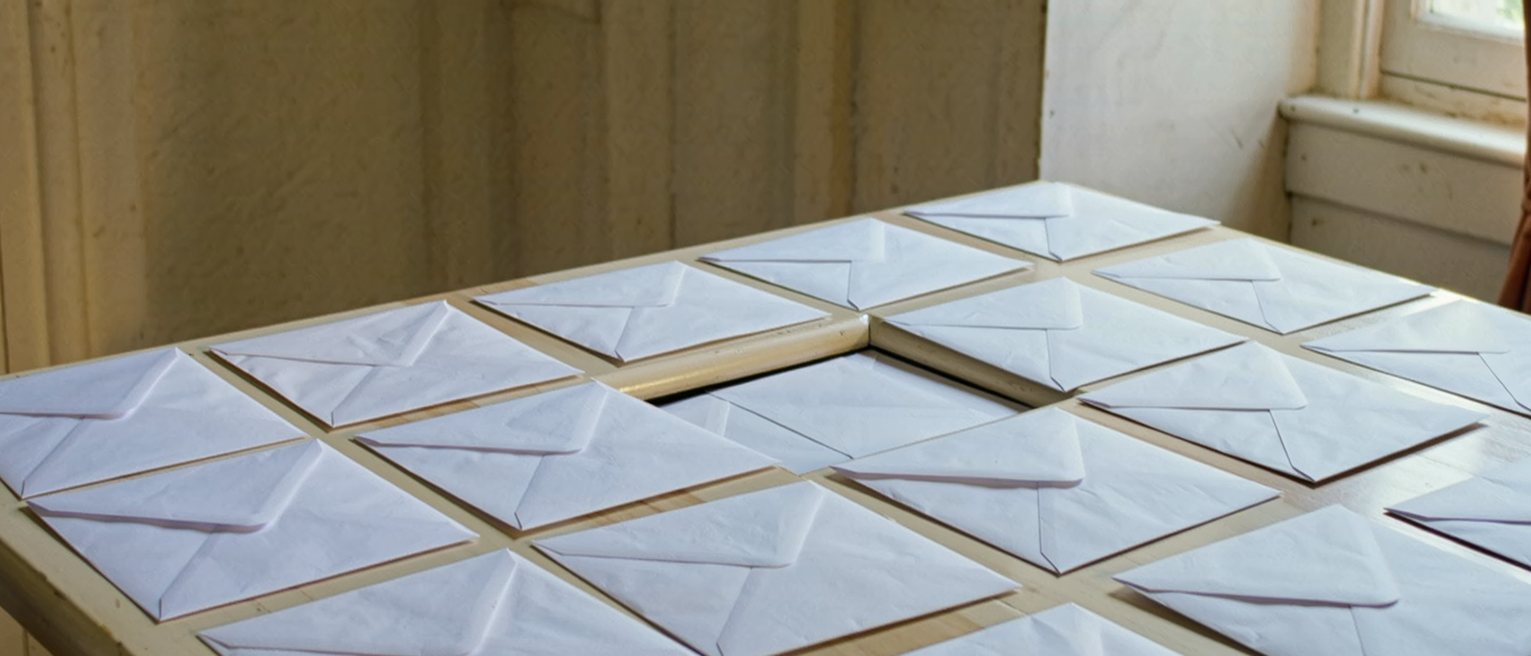 a kitchen table with a dozen identical white envelopes fanned out across it, one opened and set apart from the rest