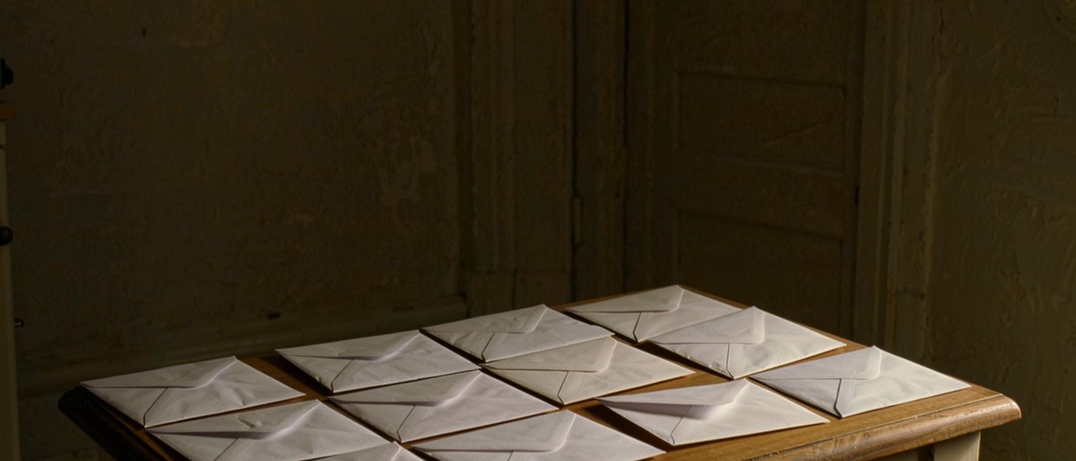 a kitchen table with a dozen identical white envelopes fanned out across it, one opened and set apart from the rest