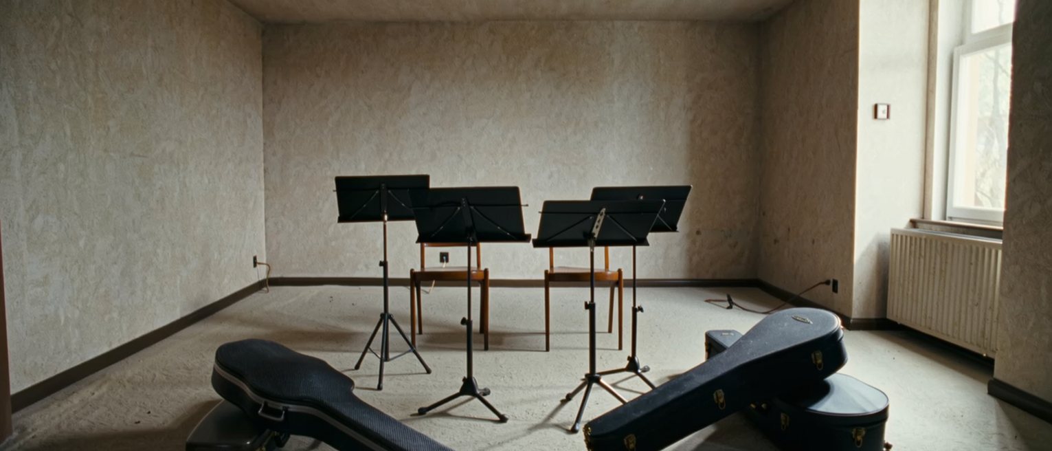 a sitting room with four music stands set in a square, four chairs, and four closed instrument cases of different sizes on the floor beside them