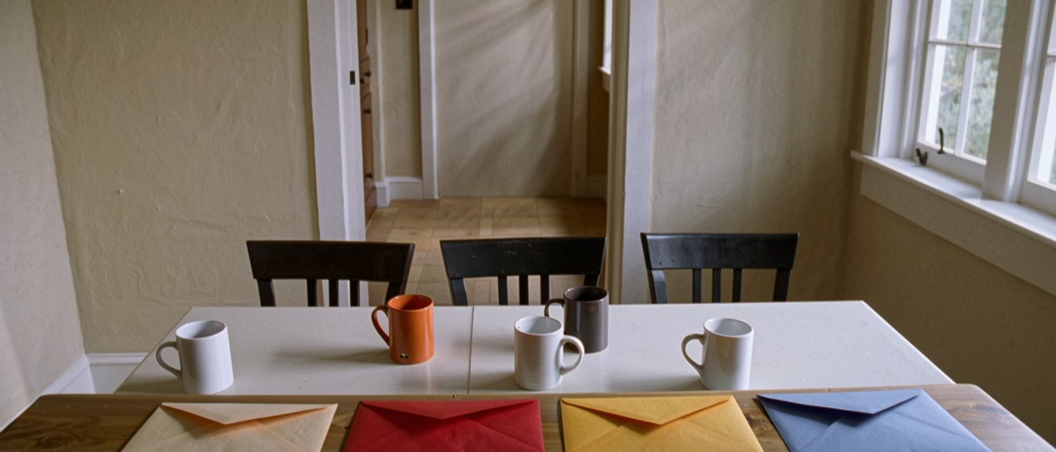 a kitchen table with four mugs and four chairs and, on the table, four sealed envelopes each of a different colour of paper